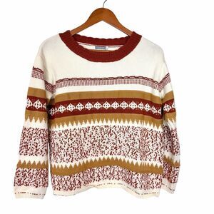 Earthbound Trading Womens Sweater Cream Brown Crew Neck Boho Western Xl Nordic